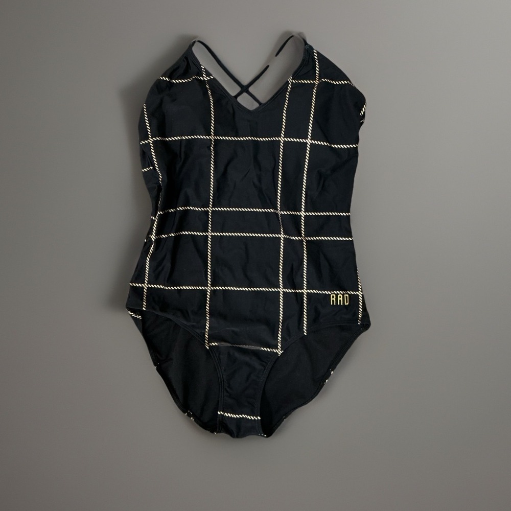 NWT RAD Swim Black One Piece Swimsuit Gold Rope Print Criss‎ Cross Back Size L